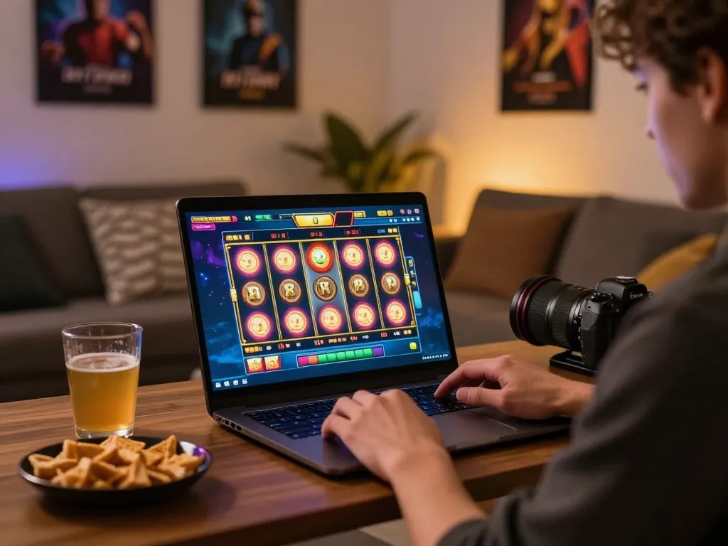 Engaging in online slots with a slot bonus new member 100 at home, showcasing excitement and strategy.