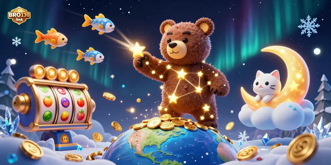 Engaging 3D illustration promoting BRO138 link with vibrant slot reels and golden coins in a dynamic casino scene.