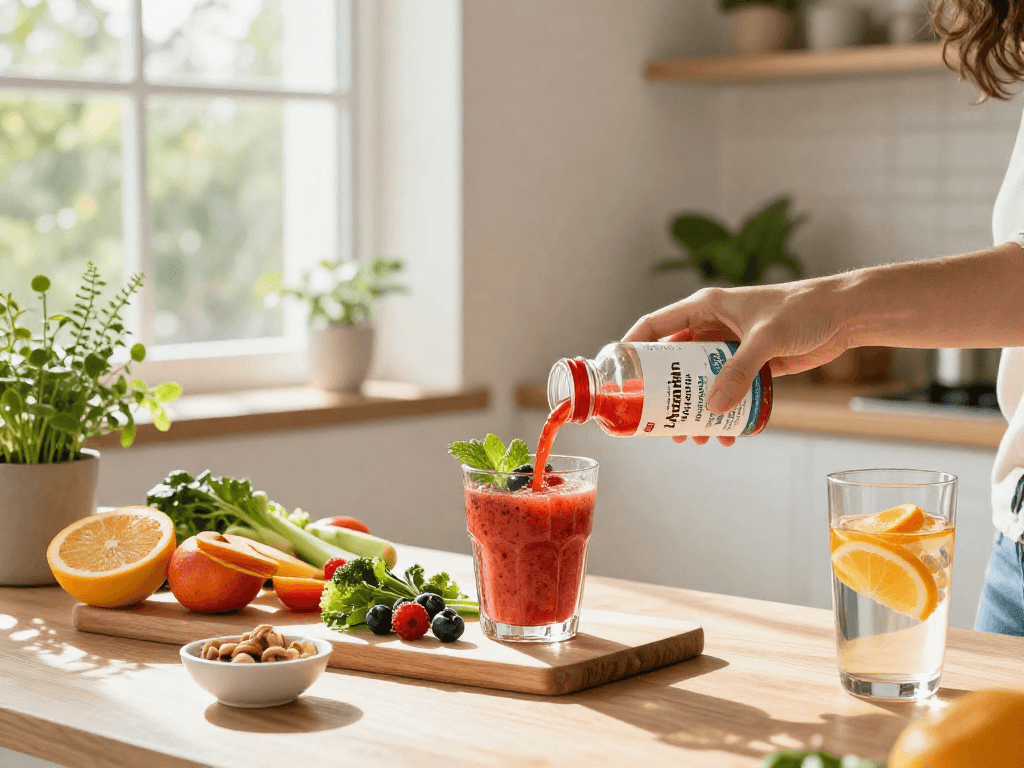 Discover astaxanthin supplement Canada in a healthy lifestyle setting with vibrant smoothie ingredients and fresh produce.