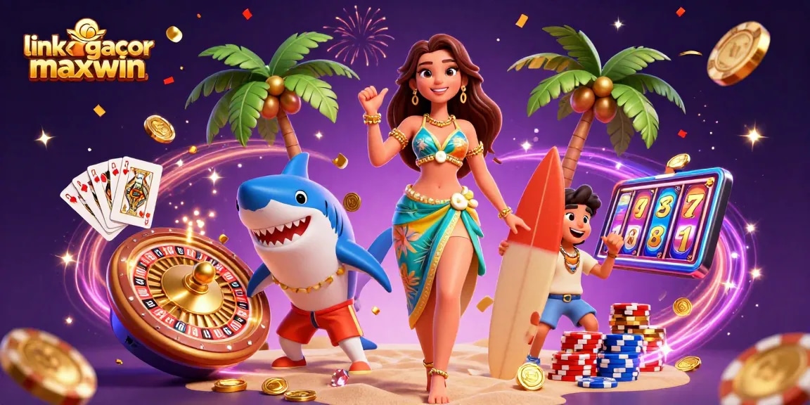 Rasakan kegembiraan dengan link slot gacor maxwin dalam ilustrasi kasino yang penuh warna ini yang menampilkan karakter menarik dan elemen dinamis.
