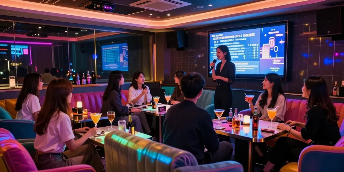 Karaoke enthusiasts reveling in a luxurious atmosphere at https://www.gangnamtune.com/, enjoying drinks and entertainment in Gangnam's vibrant nightlife.