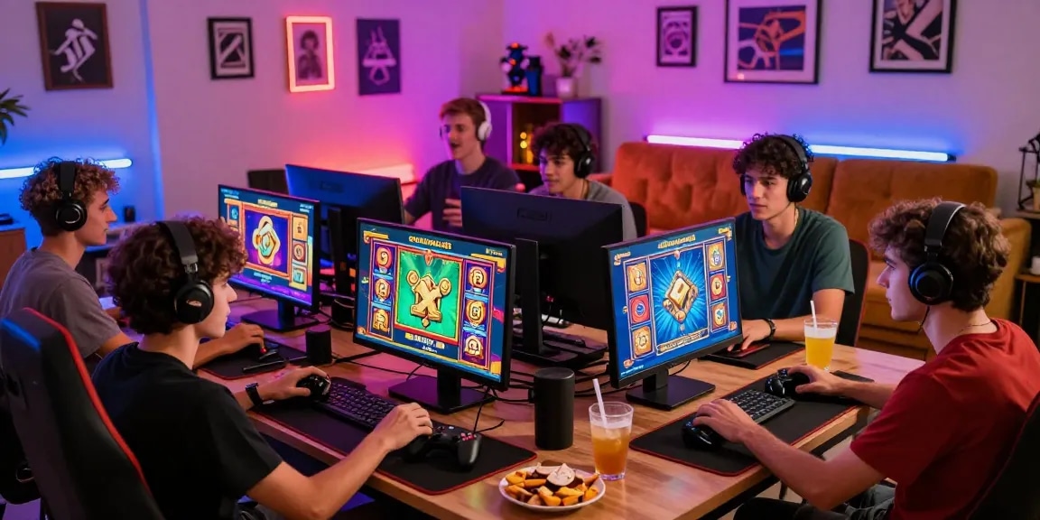 Exciting gaming scene at GARUDA303 with colorful slot graphics and enthusiastic players enjoying online games.