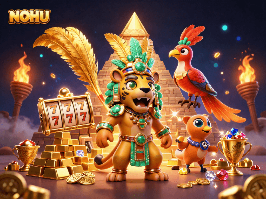 Immerse in the NOHU slots experience with dazzling golden treasures and vibrant gaming elements.