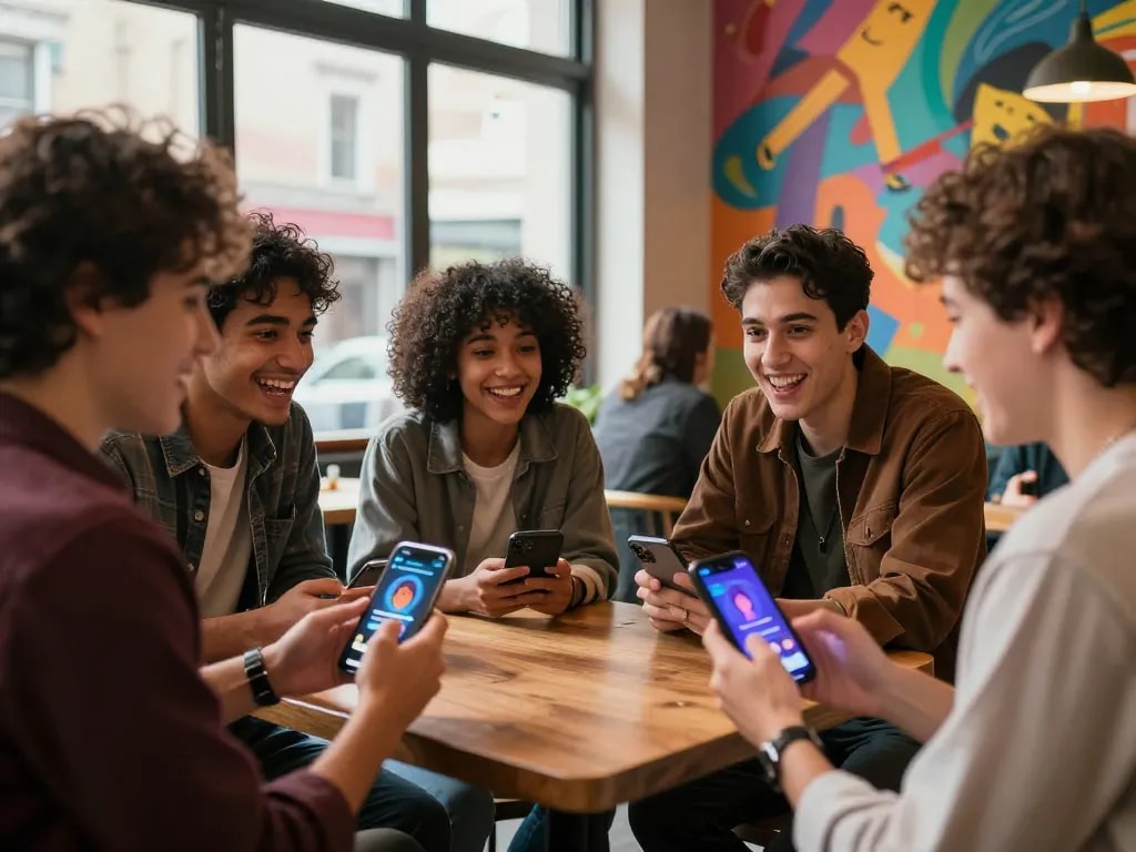 Group enjoying AI chat applications in a lively urban café, reflecting the ai slut keyword through casual interactions.