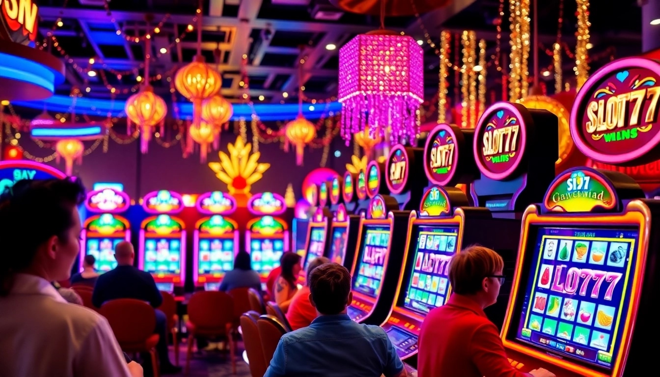 Slot77 machines creating excitement in a lively casino environment with bright lighting.