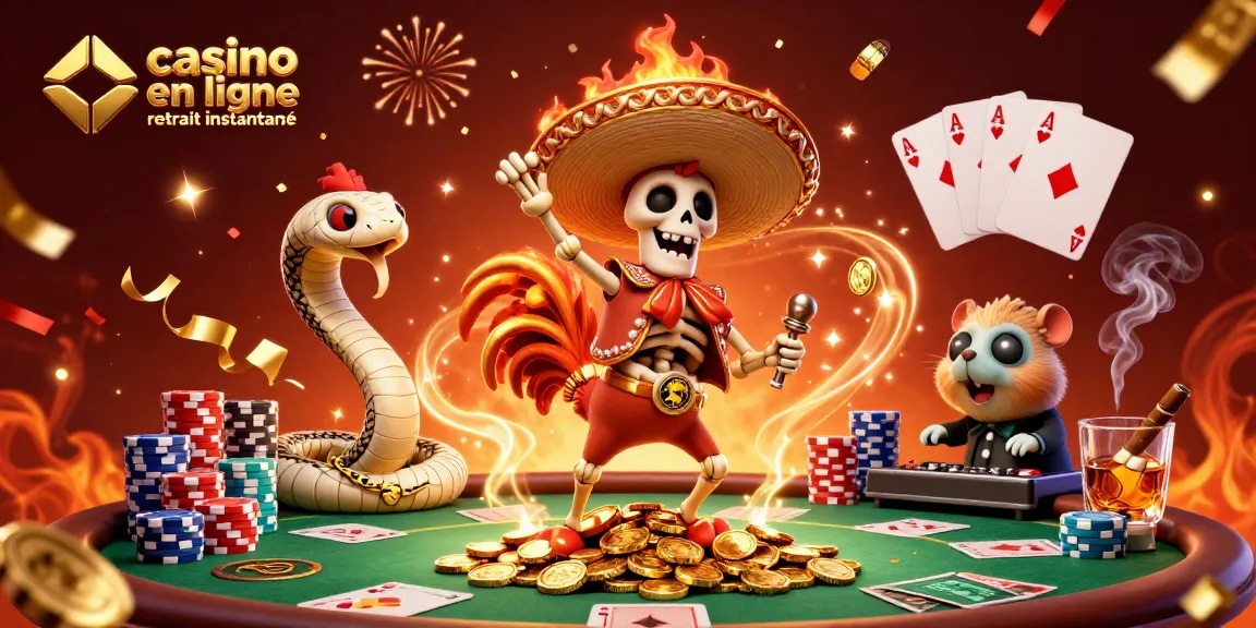 Profitez d'un casino en ligne retrait instantané avec des personnages festifs sur un fond éclatant.