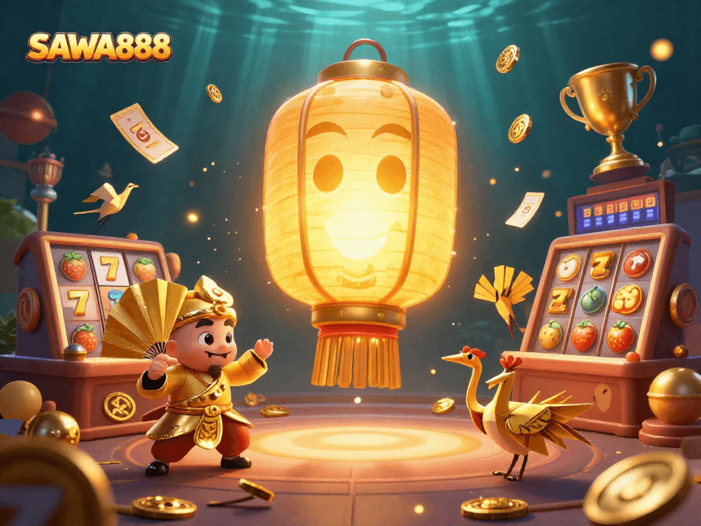 Experience thrilling gameplay with SAWA888's giant golden lantern spirit and dynamic slot elements.