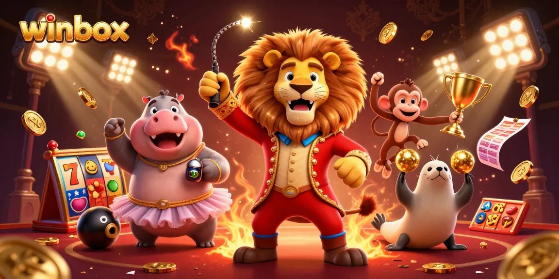 Experience thrilling slots and jackpots at Winbox with vibrant characters and casino elements in dynamic action.