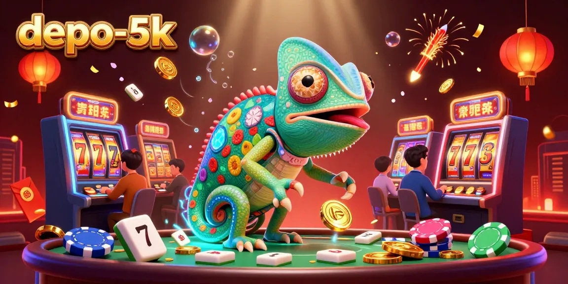 Experience thrilling gameplay at depo-5k with vibrant slot reels, a chameleon owner, and jackpot excitement.