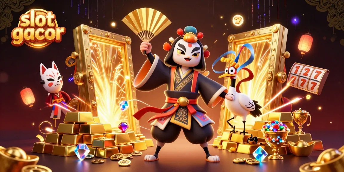 Experience the enchanting slot gacor world filled with treasure, kabuki warriors, and vibrant casino elements.