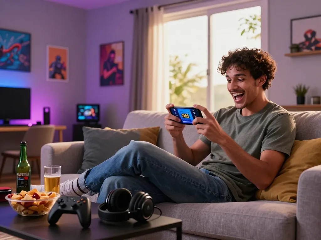 Excited player tải go88 on smartphone in cozy gaming environment with snacks