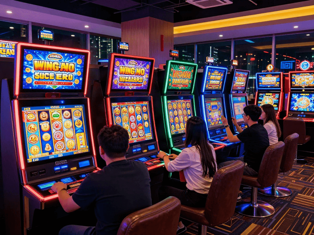 Exciting gaming lounge with players at slot machines celebrating wins, featuring bro138 slot login link alternatif.