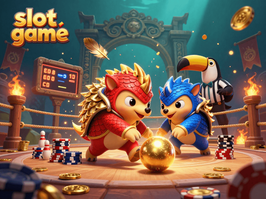 Experience the excitement of a slot game featuring cartoon pangolins competing amidst vibrant golden coins.