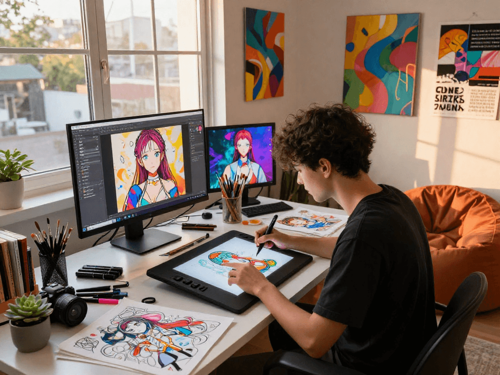 Dynamic artist creating hentai ai chat illustrations in a vibrant digital studio