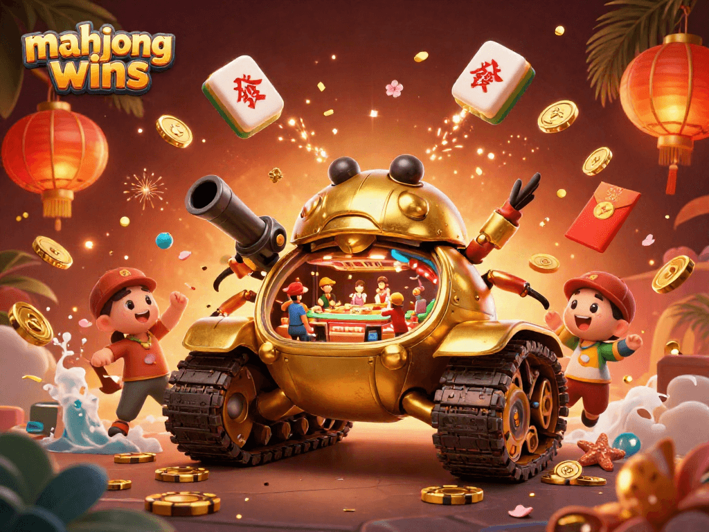 Experience mahjong wins with vibrant casino scene featuring a golden beetle tank, mahjong tiles, and festive decorations.