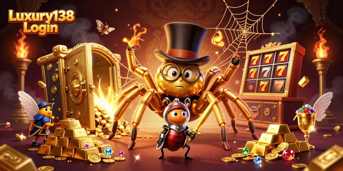 Engage with Luxury138 Login, where a golden tarantula weaves casino fortune amidst vibrant game elements.