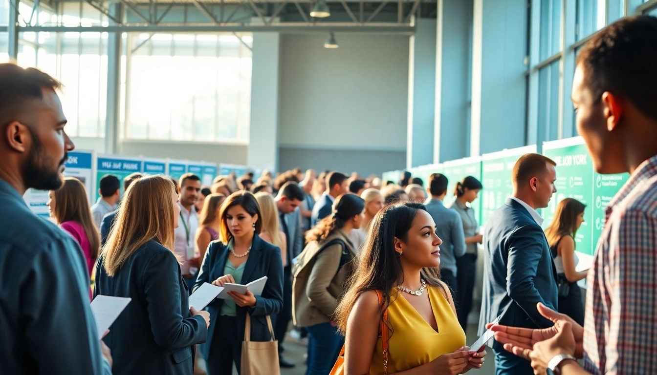 Engage in a free job post new york opportunity at a bustling job fair, showcasing networking interactions.