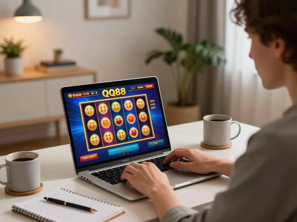 Engaged player enjoying QQ88 online slots in cozy home office setting.