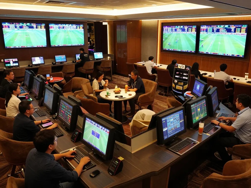 Pemain taruhan olahraga Toto Macau terlibat dalam suasana taruhan langsung yang menarik di sebuah lounge modern.