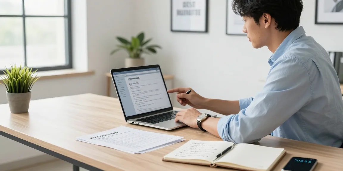Focused job seeker reviewing how to find a job in a modern office environment.