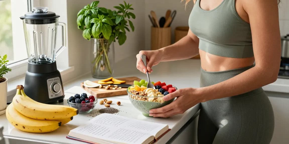 Preparing a colorful smoothie bowl highlighting the best nutrition tracking app in a bright kitchen.
