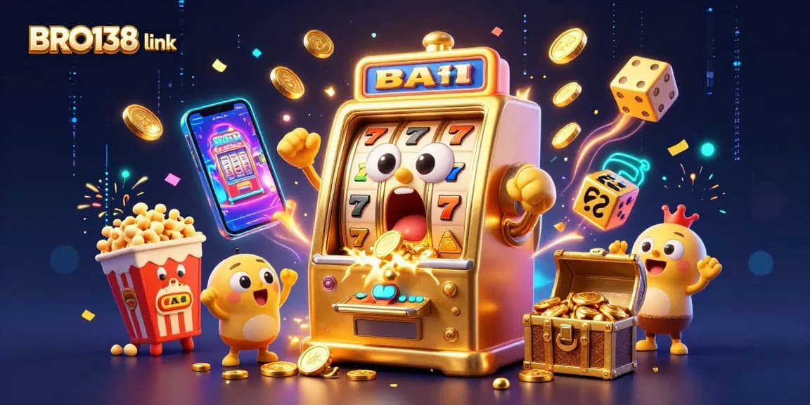 Experience the excitement at BRO138 link with animated slot machines celebrating a jackpot, featuring vibrant casino elements.