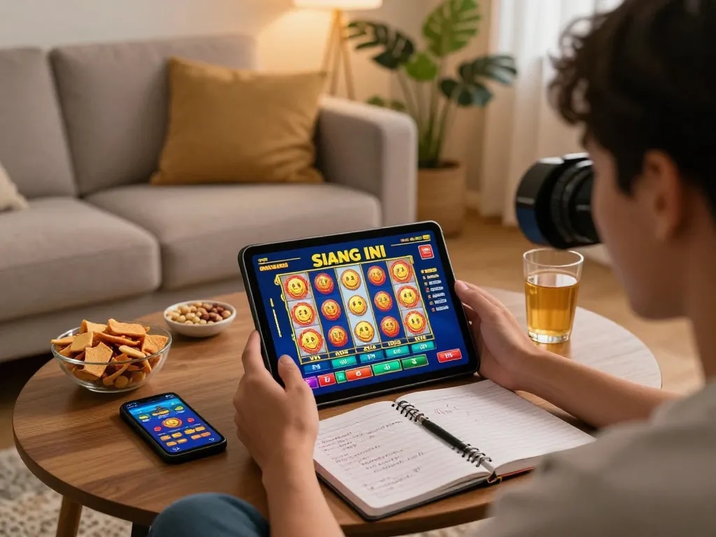 Experience slot gacor siang ini with engaged players in a cozy home setting, showcasing strategic online gaming.