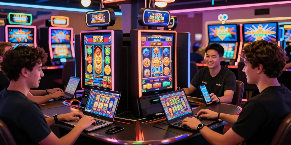 Excited players enjoying slot gacor games on various devices in vibrant online casino setting.