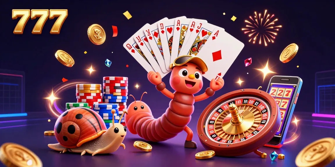 Strategically winning at 777 slots with vibrant 3D characters celebrating over colorful poker chips.