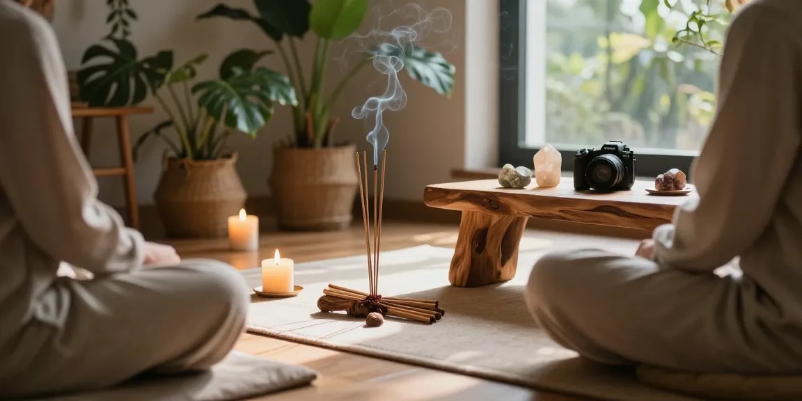 Explore the best-organic-incense-sticks in a serene meditation space with candles and plants.