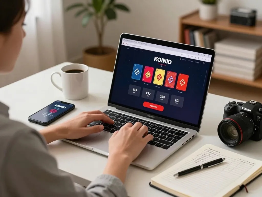 KOINID user enjoying online card gaming experience at home, featuring modern setup with laptop and smartphone.