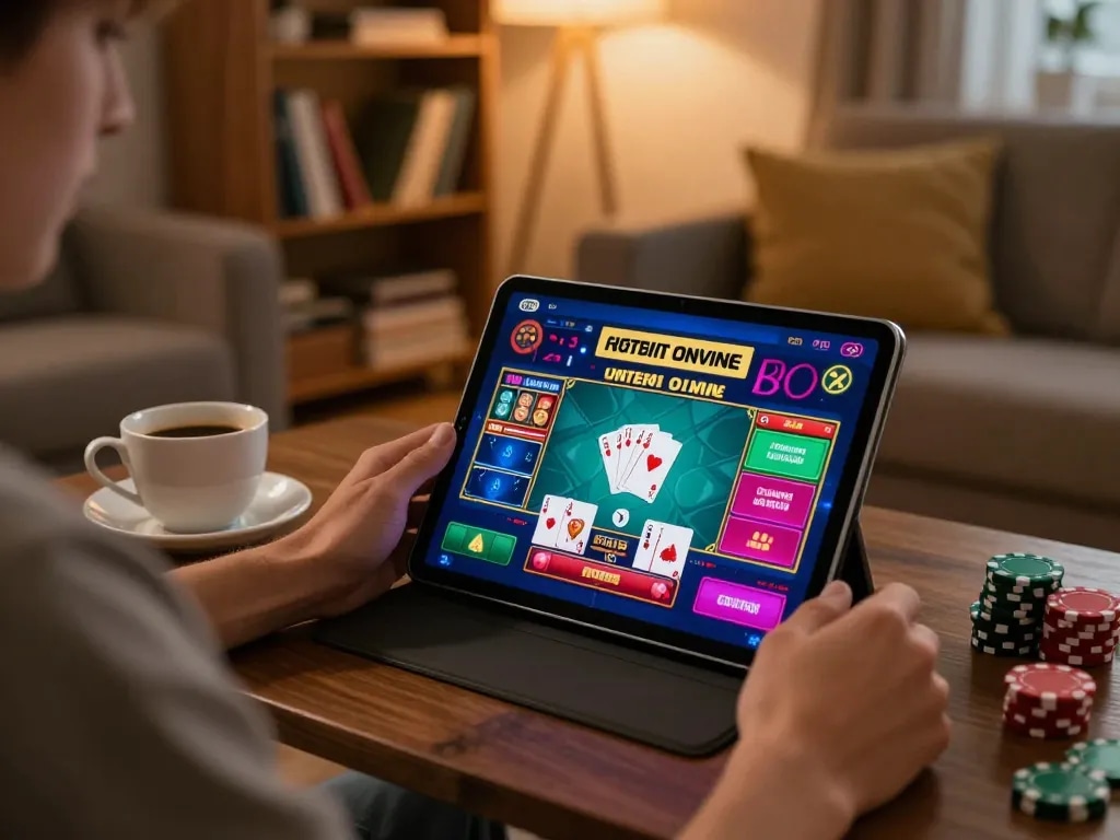 Player enjoying casino online gratis senza registrazione on a tablet in a cozy living room.