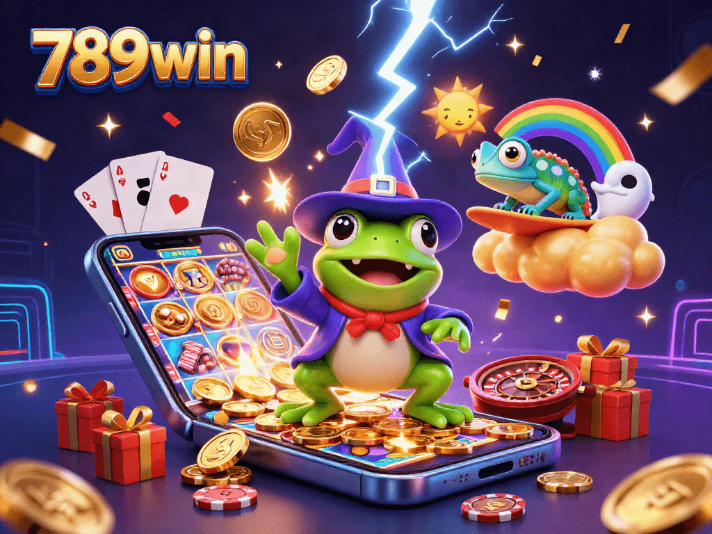 Win big with 789win as a weather wizard frog conjures golden coins in an exciting casino scene.