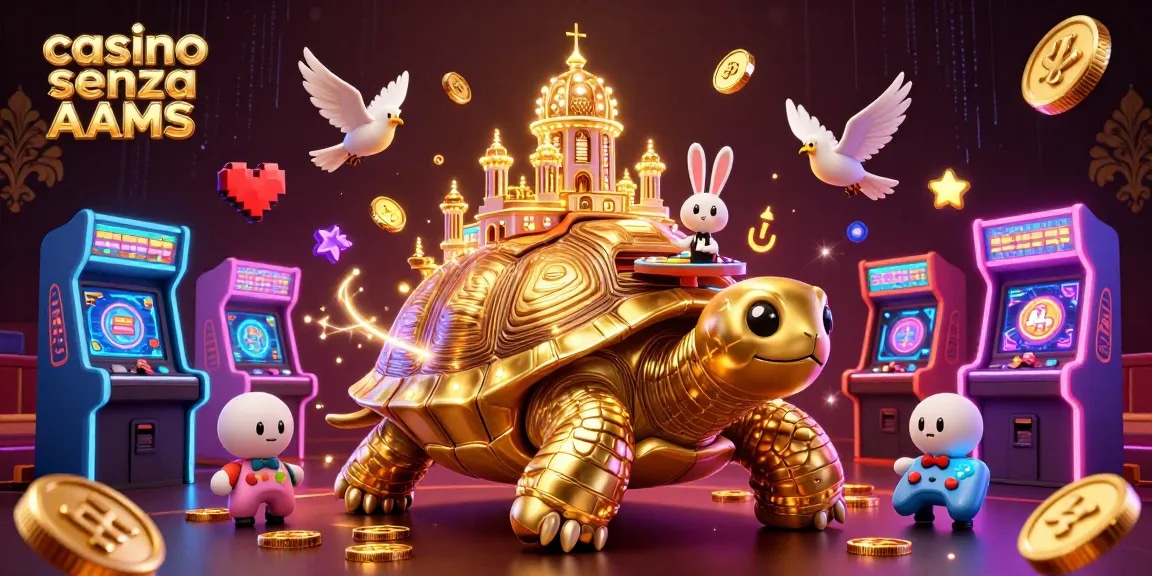 Scopri le emozioni dei casino senza AAMS con una scena di casino caratterizzata da una tartaruga dorata, un croupier coniglio e monete volanti.