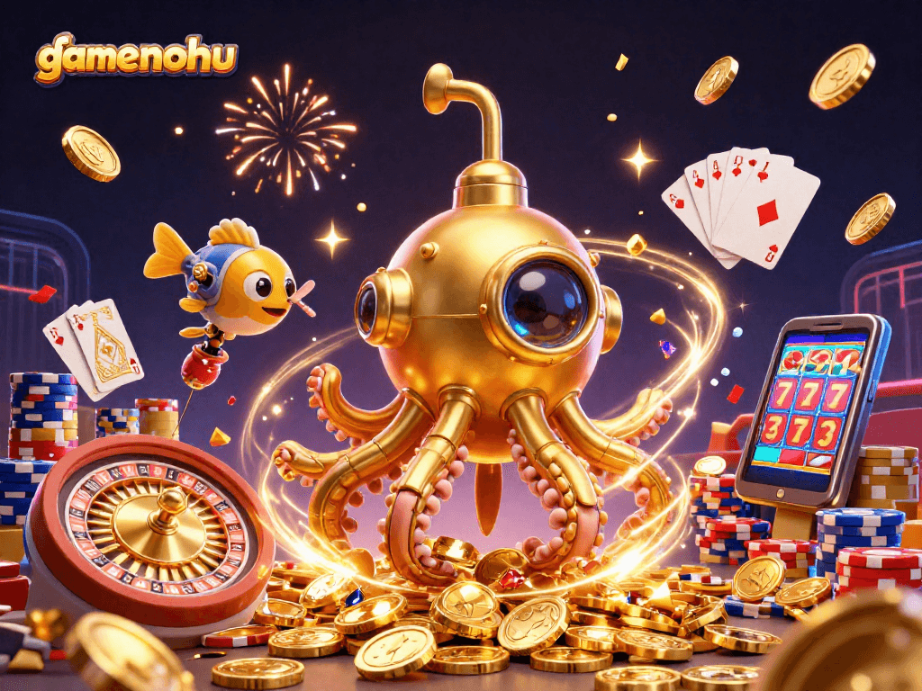 Play exciting slots and jackpots at gamenohu's vibrant casino illustration, showcasing luck and winning.