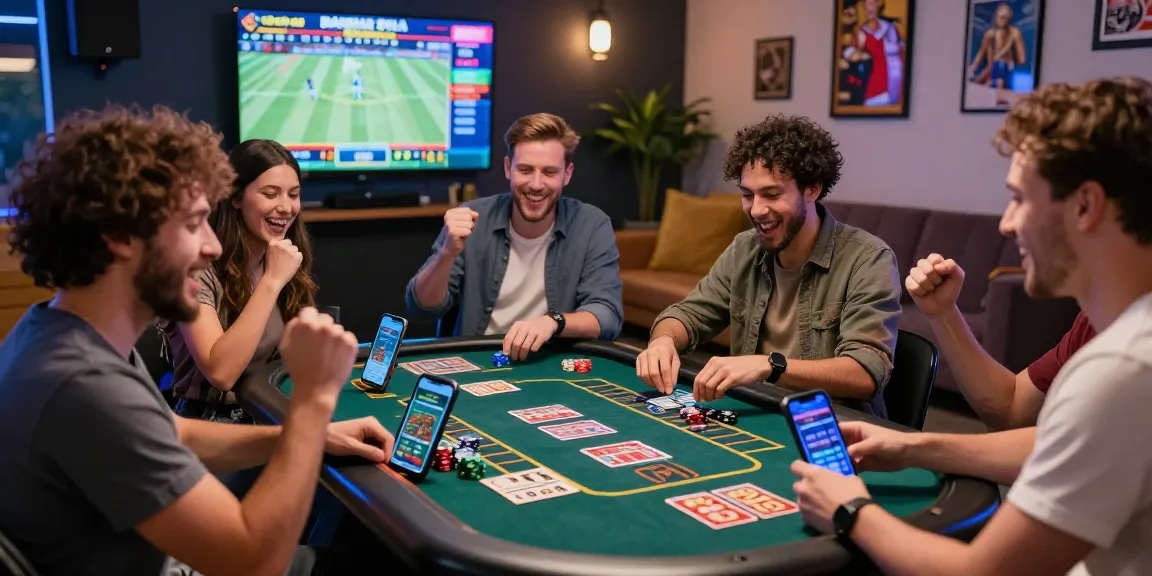 Friends enjoying a lively Bandar Bola betting experience at a modern gaming table, showcasing excitement and technology.