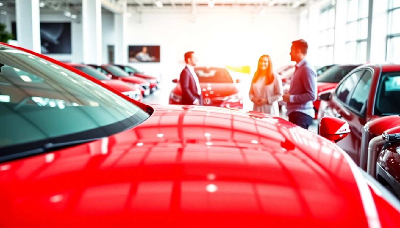 Buy a car in a vibrant showroom with a happy couple and a sleek sedan on display.