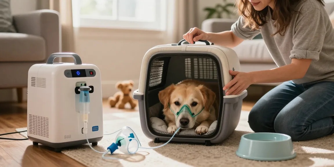 Dog comfortably using oxygen therapy at home, 寵物需要氧氣支援時可參考這裡 for pet oxygen solutions.