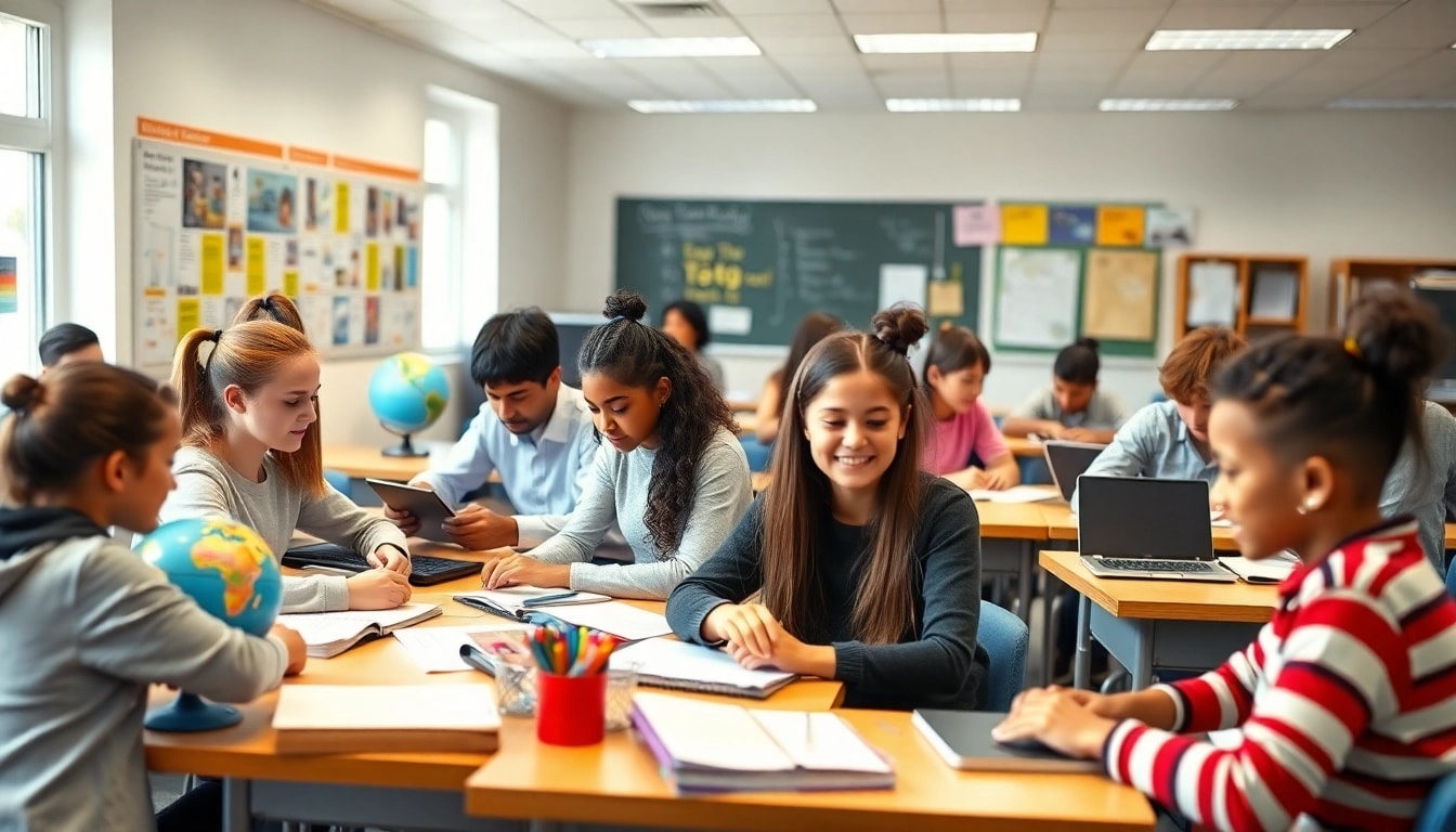 Engaged students learning in a vibrant classroom, promoting Education through collaboration.