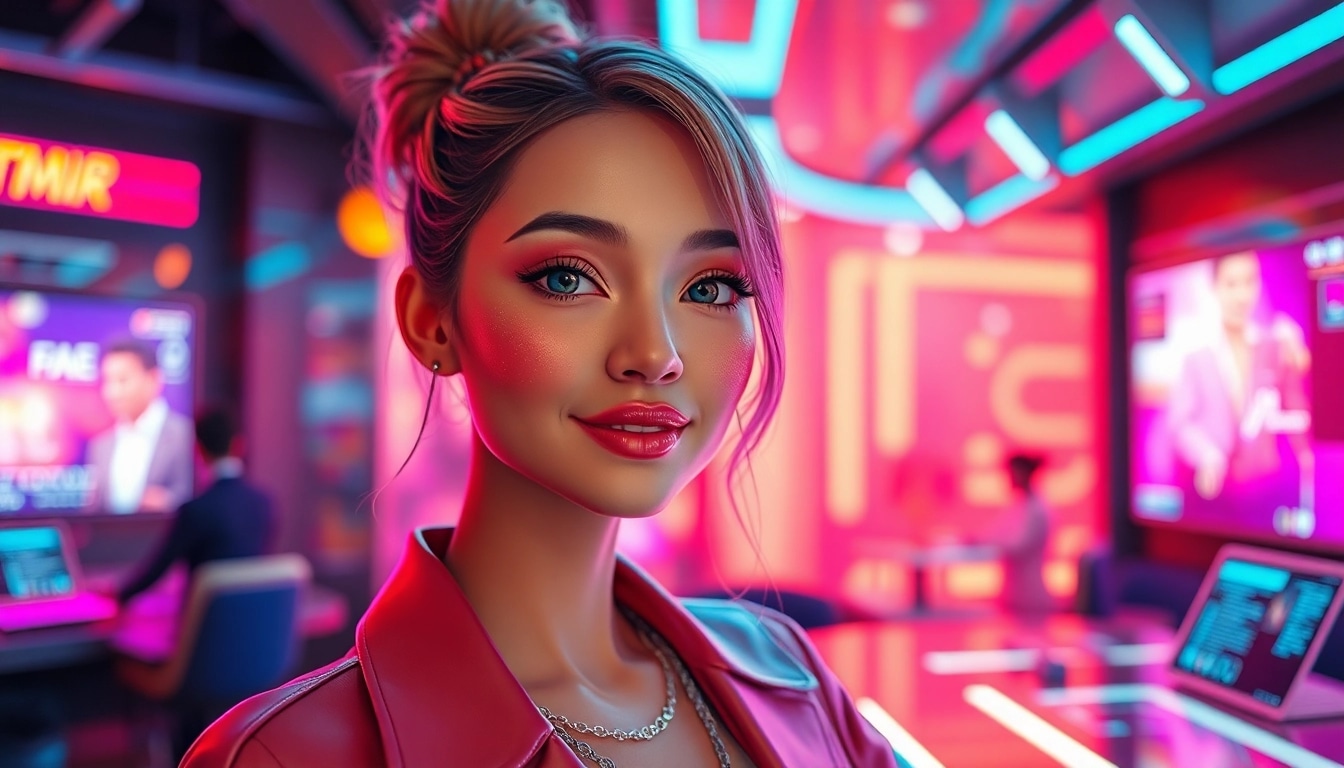 AI sex character in a vibrant digital environment, showcasing modern tech aesthetics.