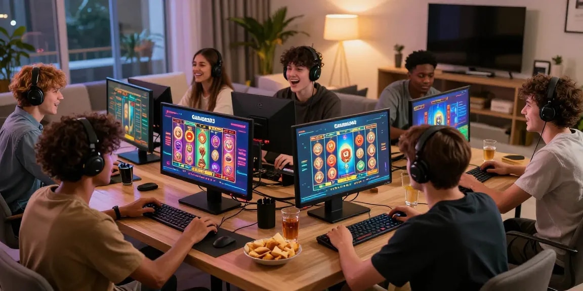 Players engaging with Garuda303 online gaming platform in a vibrant lounge setting.