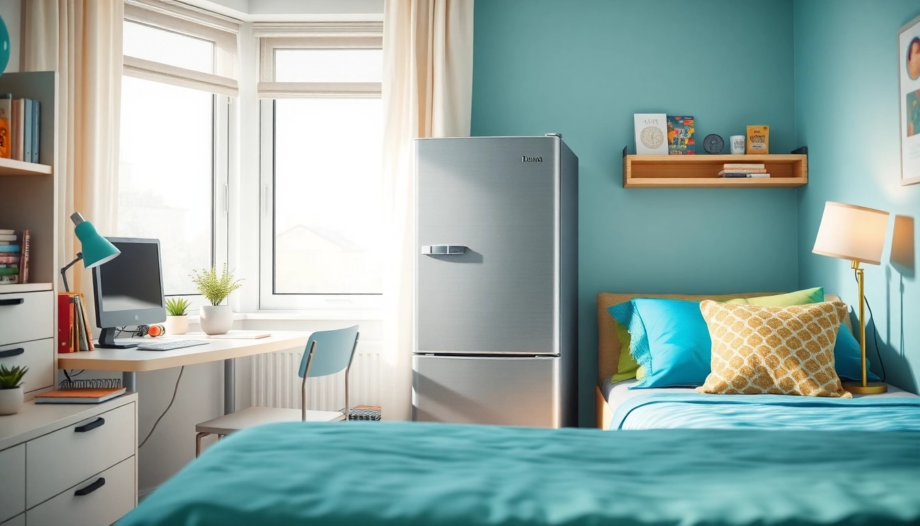 Compact dorm room fridge surrounded by a desk and personal items, styled for student living.