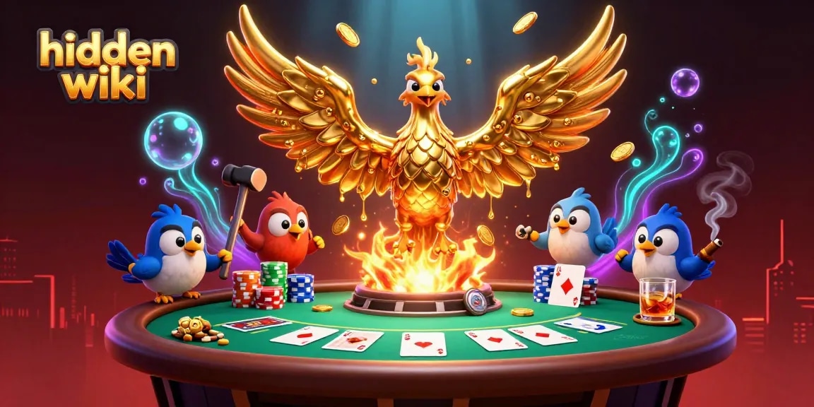 Experience the hidden wiki with a golden phoenix amidst vibrant poker game elements.