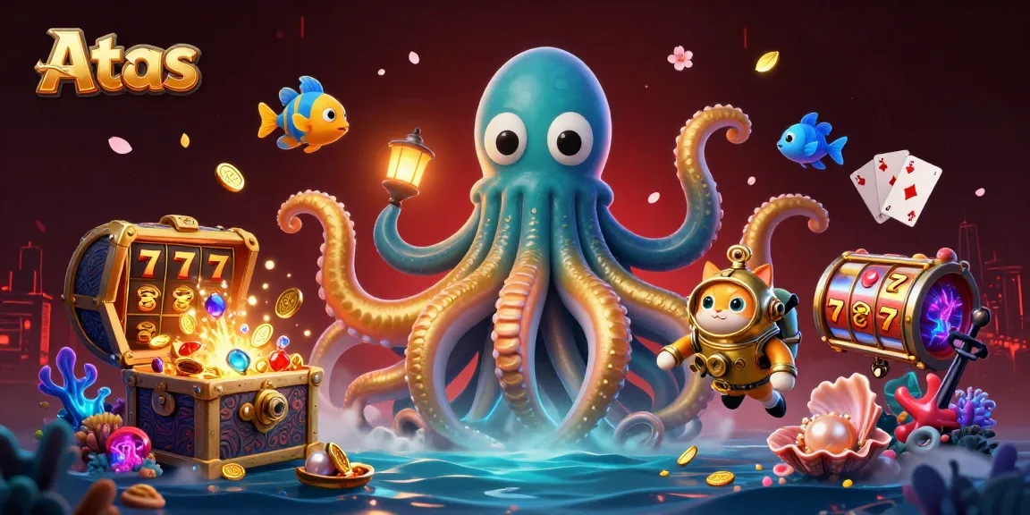 Experience the thrilling Atas gameplay with a vibrant scene of a colossal kraken surrounded by slots and treasures.