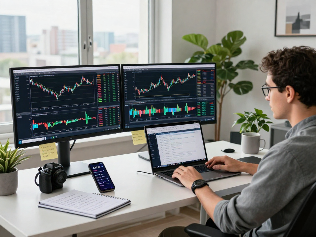 TradingView chart analysis in a professional trading workspace with multiple monitors and an engaging atmosphere.