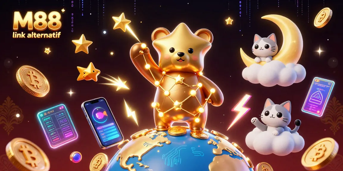 M88 link alternatif showcases an exciting 3D casino scene with glowing coins and vibrant characters.