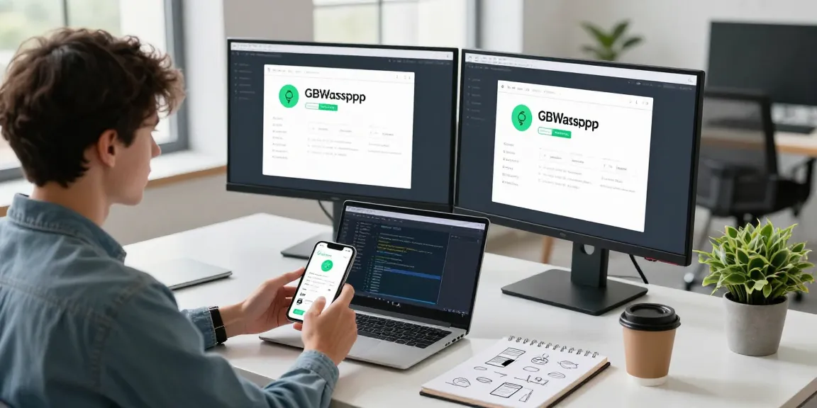 GBWhatsApp features displayed on modern tech workspace, highlighting user interaction.