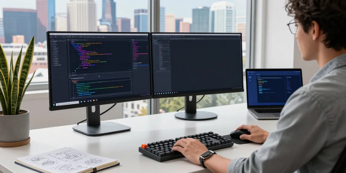 Developer using Notepad++ at a modern workspace with dual monitors and city skyline.