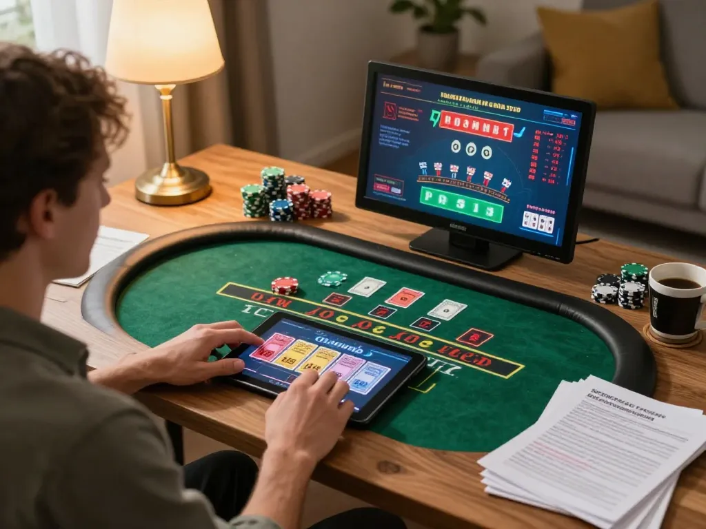 Person engaging with casino online stranieri on tablet at home, enjoying blackjack gameplay.