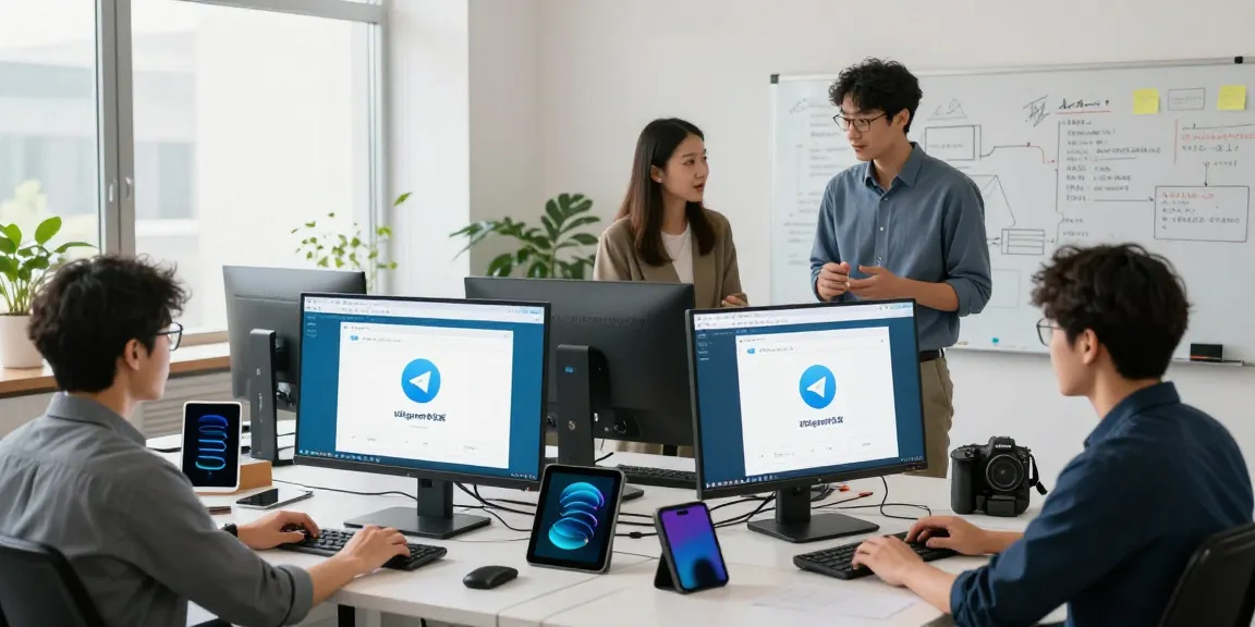 Developer team collaborating on telegram中文版 in modern office.